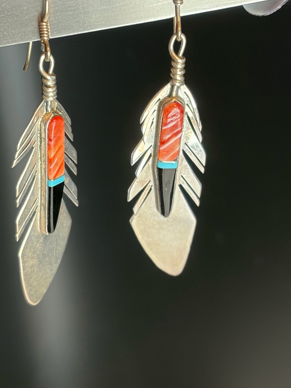 Sterling Feather Earrings with Red Coral and Turquoise Accent